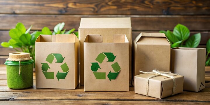 Eco friendly packaging and recycling on wooden background

