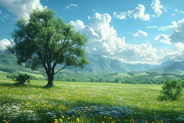 Fototapeta premium An idyllic scene featuring a lone tree standing in a vast green field, with a backdrop of distant mountains, under a clear, blue sky with scattered white clouds.