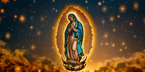 Virgin mary appearing in starry sky with golden halo