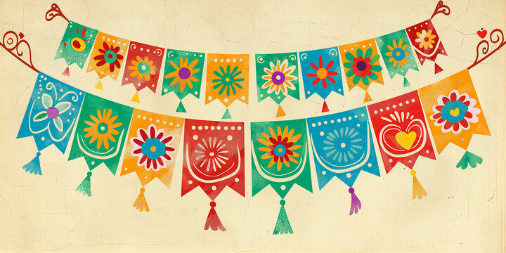 Colorful mexican fiesta bunting flags hanging on a rustic wall background