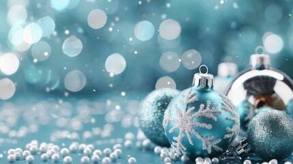 A blue background with snowflakes and a bunch of Christmas ornaments