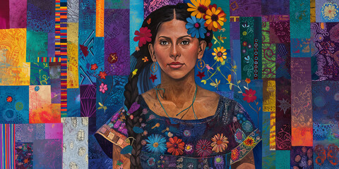 Latin woman posing with flowers and colorful quilt background