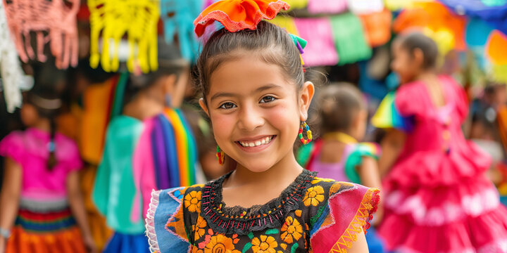 Young girl smiling wearing traditional dress at a festival in latin america