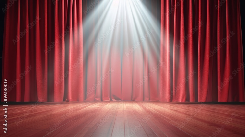 Canvas Prints A red curtain is drawn open to reveal a stage with a spotlight shining on it