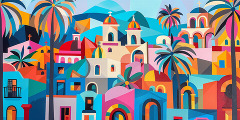 Obraz premium Palm trees growing among colorful houses in geometric cityscape