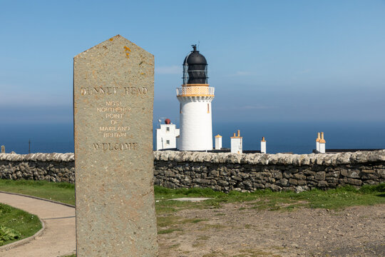 A marker at Dunnet Head in northern Scotland noting the most northerly point of the Scottish mainland and the island of Great Britain.