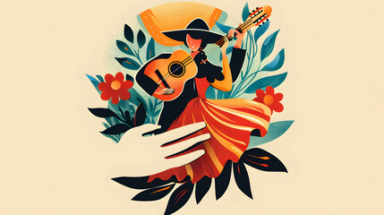 Fototapeta premium &nbsp;flamenco festival with a woman and man dressed in flamenco with guitar in a shape of hand of culture