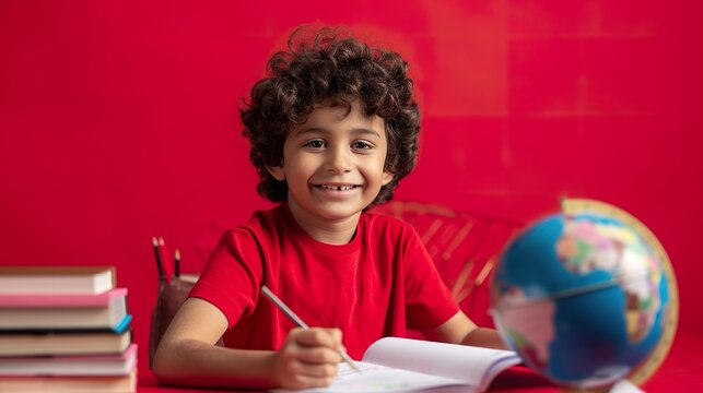 A happy boy in a red T-shirt is sitting at a study table with books and an educational globe, writing notes and looking pleased with his progress.