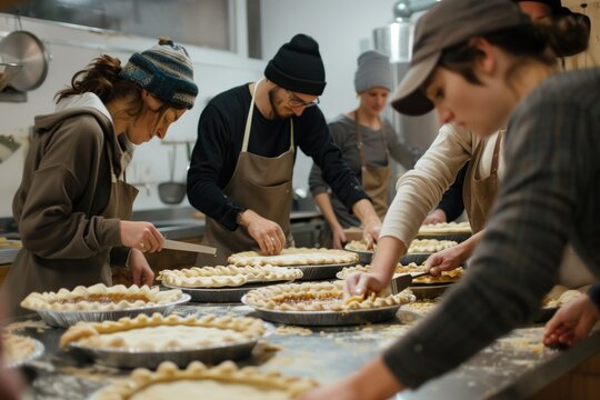 Group of people wearing aprons making pies in a commercial kitchen, focused on food preparation. Culinary arts, teamwork, bakery, cooking class, community kitchen, culinary education, food industry.