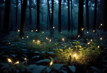 A firefly lighting up the dark underbrush of an enchanted elven fairy tale fantasy forest at night.