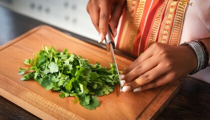 Obraz premium A woman cutting Coriander with a knife in the kitchen to edit photos for retouch
