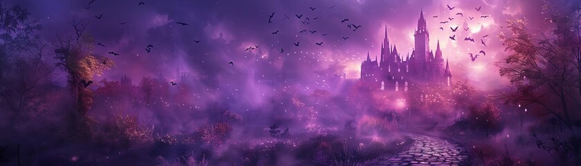 Cobblestone path leading to a gothic castle with towering spires, surrounded by swirling fog and fluttering bats, under a deep purple sky