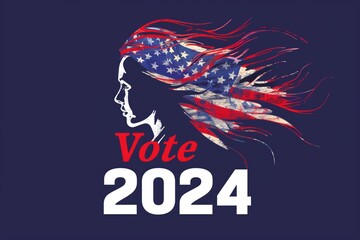 Banner with US flag, woman silhouette and Vote 2024 text