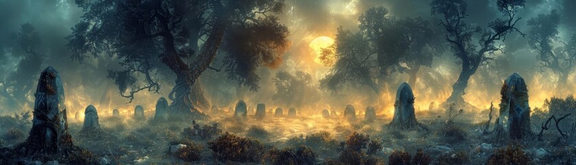 Creepy forest clearing with a circle of ancient stones, glowing with ethereal light, surrounded by twisted, gnarled trees and a dense, rolling fog