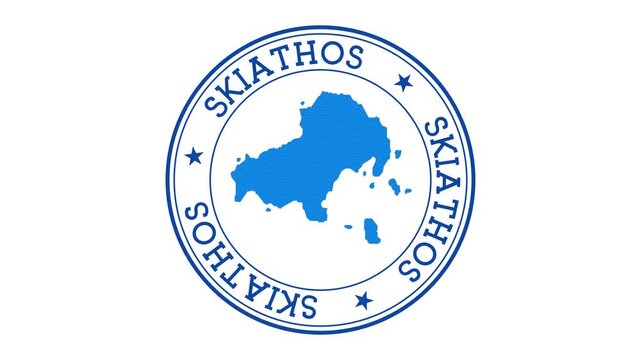 Skiathos intro. Badge with the circular name and map of the island. Skiathos round logo animation.