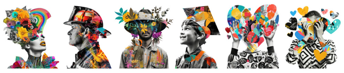 Colorful paper collage portrait png cut out element set