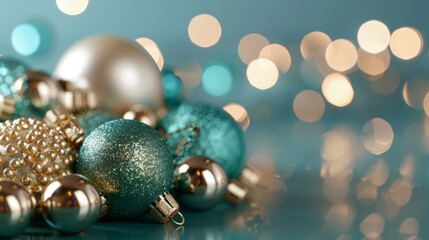 A bunch of Christmas ornaments are on a blue background