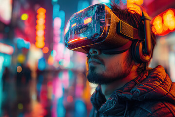 Software engineer experiencing virtual reality in a futuristic city