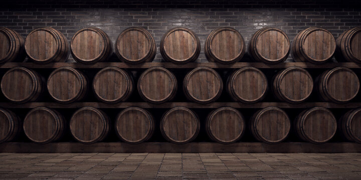 Wine cellar with barrels stacked in a controlled place. Brick wall and dark environment. 3D Render.