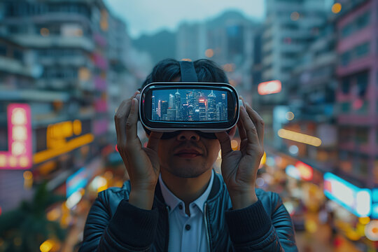 Businessman experiencing virtual reality in city center using vr glasses