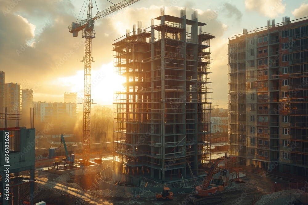 Poster Construction site with a building under development and a crane in the background, suitable for architecture, engineering or infrastructure projects