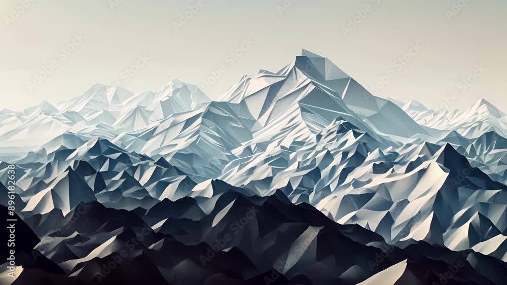 Poster a mountain range of bold overlapping geometric shapes in a monochromatic color scheme.