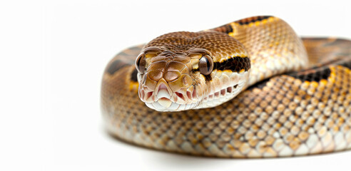 Fototapeta premium Close-up of a python's head with intricate patterns and scales on a white background