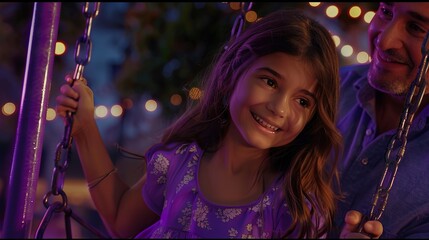 A smiling girl in a purple outfit is sitting on a swing, with her father gently pushing her, both enjoying the moment.