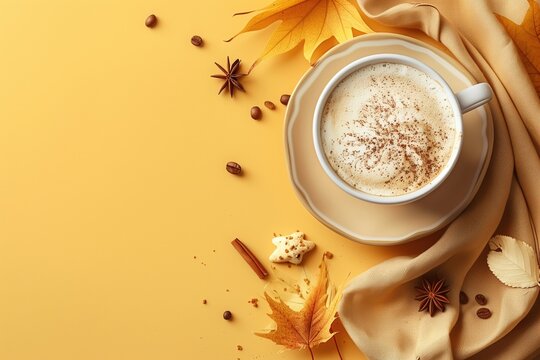 Warm cup of cappuccino on autumn leaves with spices and cookies on mustard background. National Cappuccino Day, fall aesthetics, cozy atmosphere, autumn beverage, seasonal flavors.