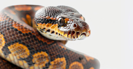 Fototapeta premium Coiled python with detailed scales and a focused gaze on a white background