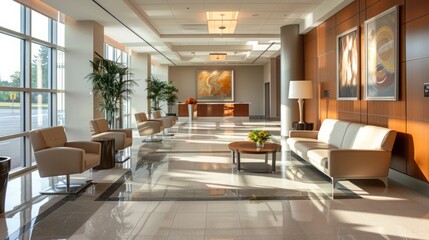 Fototapeta premium Contemporary Office Lobby: High-Resolution Image of a Professional and Inviting Space with Clean Lines and Soft Tones