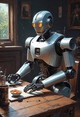 Fototapeta premium Humanoid robot seated at a table in a cozy room