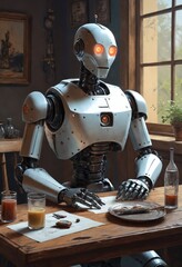 Fototapeta premium Advanced robot interacting in a warm, vintage setting