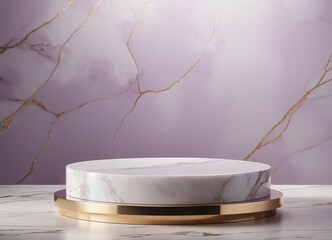 Marble Podium with Gold Veins Centered Against Light Lavender