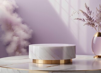 Empty Polished Marble Podium Gold Veins Minimalist Light Lavender Backdrop Dreamy Mist
