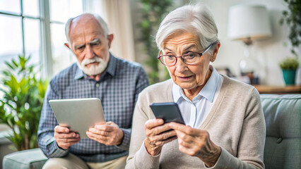 Nervous confused elderly senior woman and man stressed worried with smartphone. Frustrated grandparents having problem with paying, buying online and payments. Internet fraud or scams  - Powered by Adobe