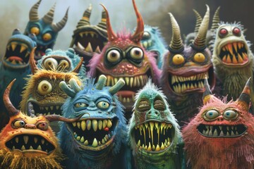 Fototapeta premium A gathering of fearsome creatures showing off their sharp teeth, great for Halloween or monster-themed designs