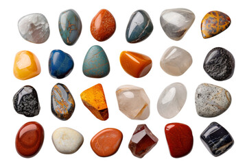 Collection of various polished gemstones and minerals in assorted colors and shapes, viewed from above on a white background.