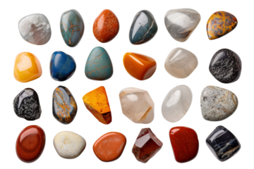 Collection of various polished gemstones and minerals in assorted colors and shapes, viewed from above on a white background.