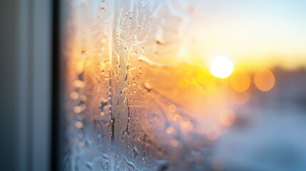 A window with a sun shining through it and rain on the glass