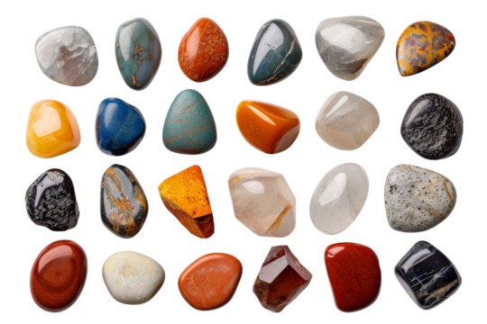 Collection of various polished gemstones and minerals in assorted colors and shapes, viewed from above on a white background.