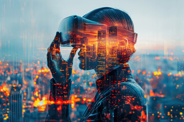 Businessman exploring metaverse using vr technology in smart city