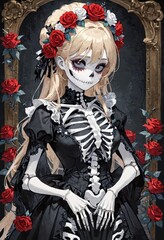 Fototapeta premium Gothic character with floral crown and skeleton dress