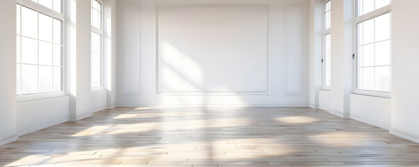 Fototapeta premium Empty white room with white wall, wooden floor and big window. Studio or office blank space. Empty template for interior product. Background for branding design showcase with copy space