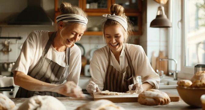 Two women baking together in a kitchen, wearing aprons and headbands, smiling and enjoying the activity with bread dough and loaves on the table.