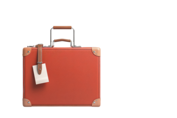 Vintage red suitcase with a luggage tag, isolated on white background. Perfect for travel or vintage-themed design projects.