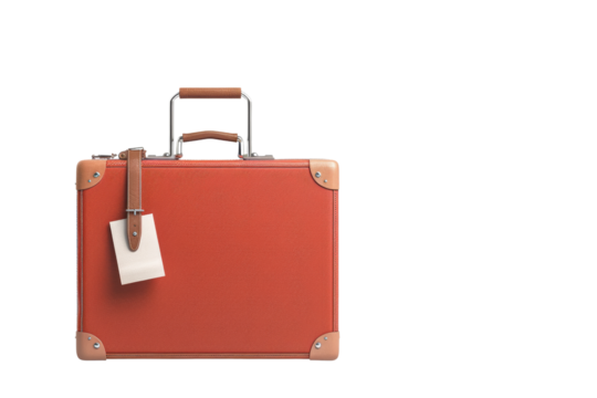 Vintage red suitcase with a luggage tag, isolated on white background. Perfect for travel or vintage-themed design projects.