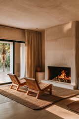 Salón minimalista mediterraneo contemporaneo con chimenea, dos butacas de madera y gran alfombra. Sobre fondo con gran puerta de acceso al jardín, decorada con una gran cortina de color marrón