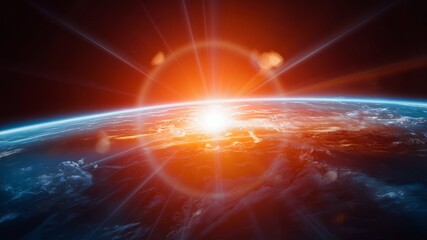 Flash on the earth's surface from an asteroid or nuclear strike, view from space. Realistic illustration of the planet, man-made disaster of planetary scale