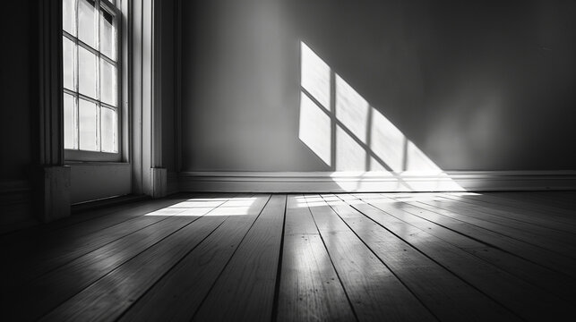 A monochrome study of light and shadow in an empty room.